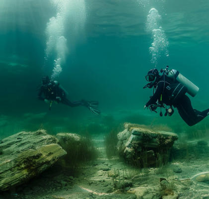 picture of two scuba divers diving Tenkiller Lake. Dantzyn RV Park is a great place to stay when you are diving Tenkiller Lake