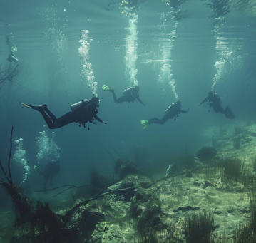 Four scuba divers diving Lake Tenkiller. Dantzyn RV Park is perfectly located for staying at for diving the lake.