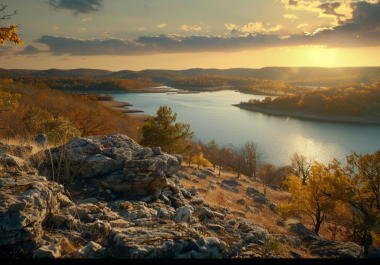 picture of Tenkiller Lake from a hill overlooking the lake and Dantzyn RV Park is located very close to the lake.